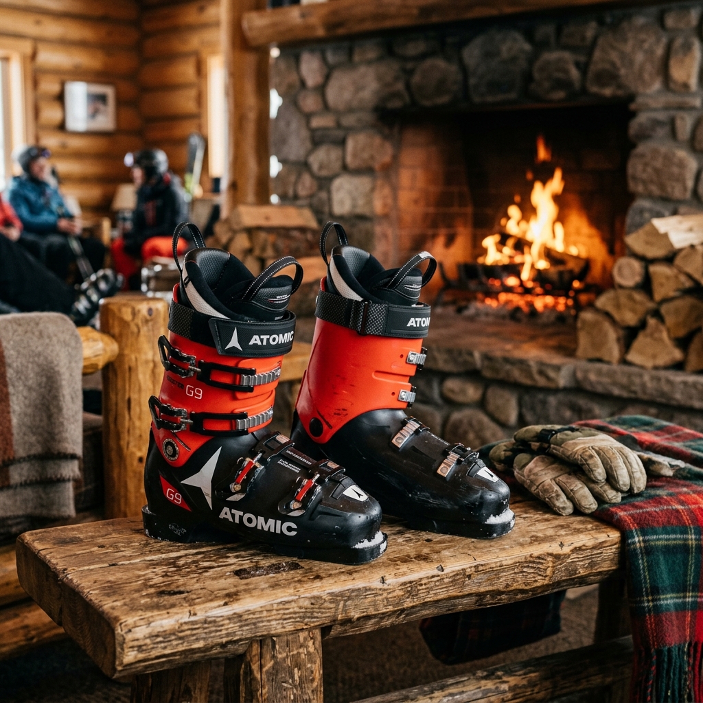 Ski boots on a wooden bench by a lodge fireplace