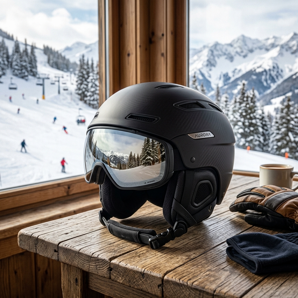 Ski helmet with goggles resting on a lodge table