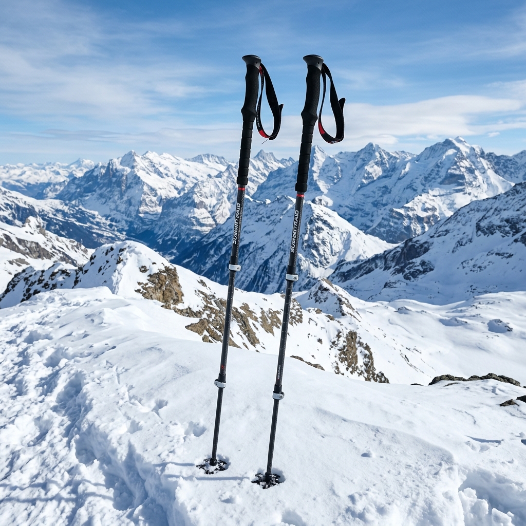 Ski poles planted in snow at a mountain summit