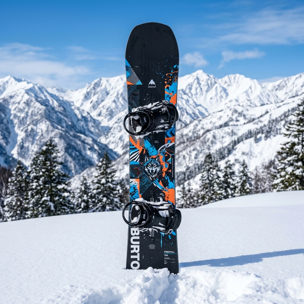 Snowboard standing upright in fresh powder